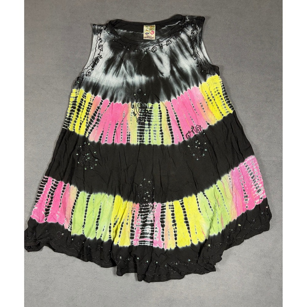 India Boutique Tank Top Womens Free Size Multicolor Tie Dye Beaded Boho